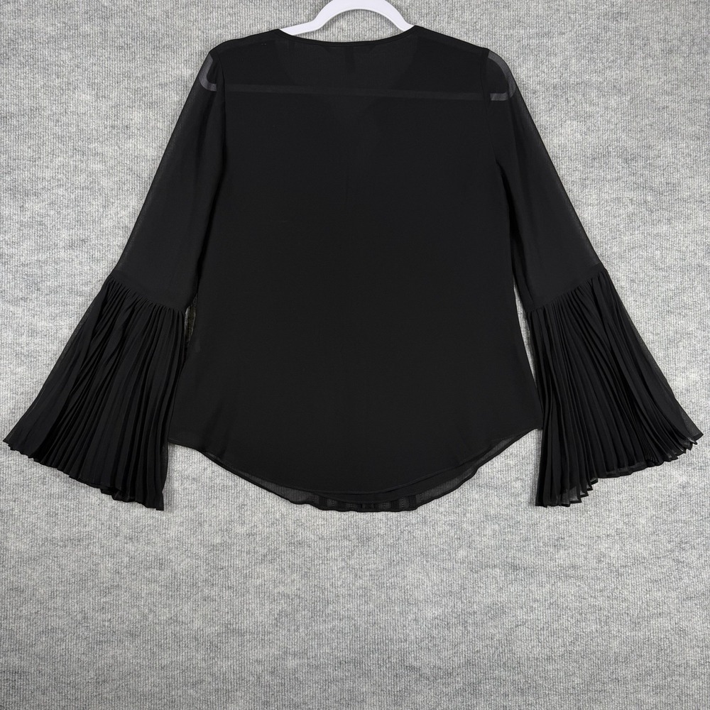 White House Black Market Size-2 Womens Blouse Bell Sleeve Black Tassel Pintuck - Picture 2 of 10
